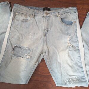 THRT Vintage Men’s Jeans Light Wash Stripe Ripped “Pay Me” Ankle Zips